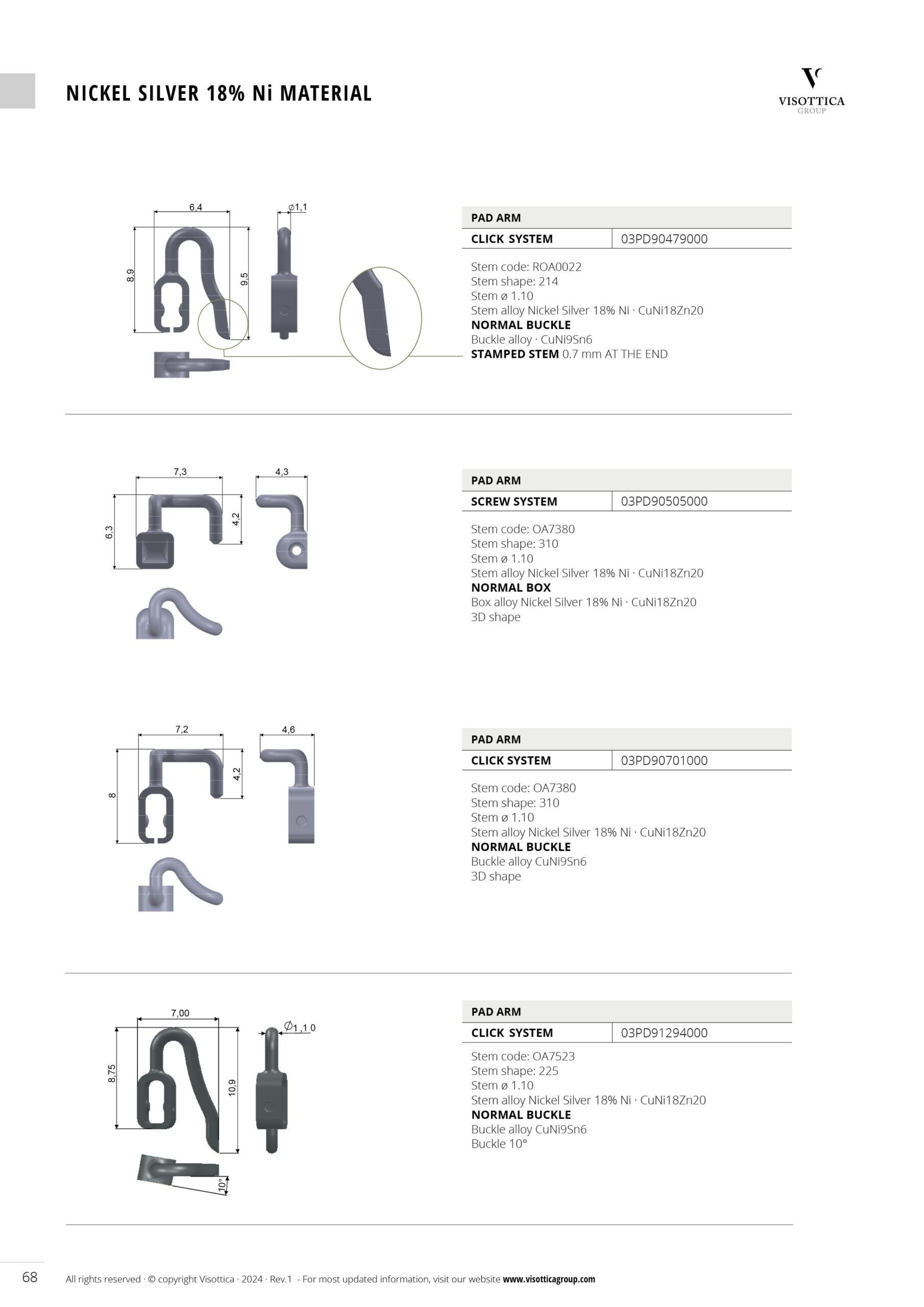 Screw and Click System | Pad Arms - Nickel Silver 18% Ni Material