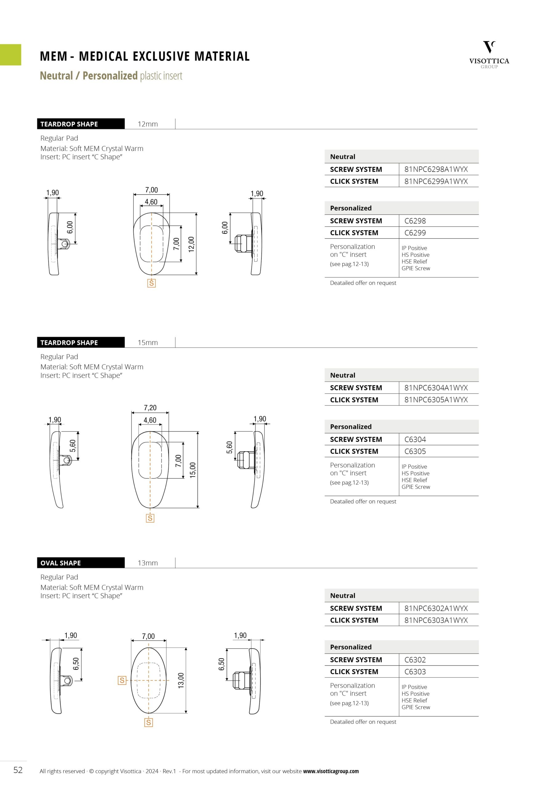Screw and Click System | Nose Pads - MEM - Medical Exclusive Material - Neutral / Personalized Plastic Insert