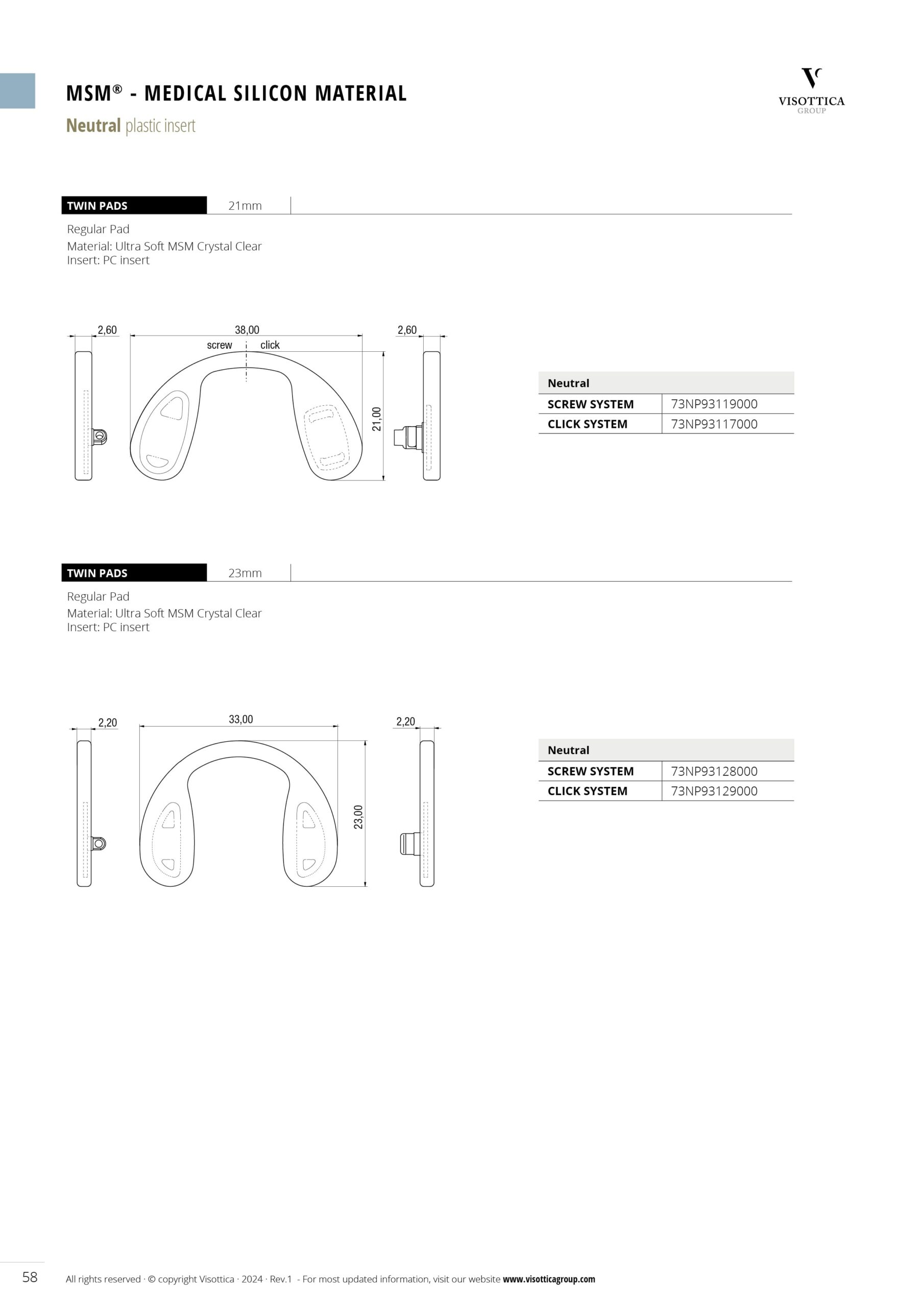 Screw and Click System | Nose Pads - MSM - Medical Silicon Material - Neutral Plastic Insert